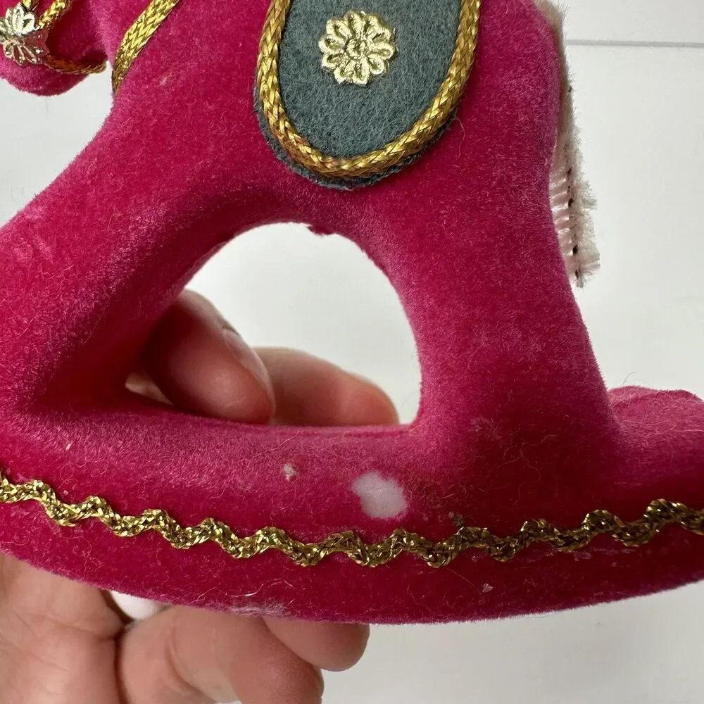 2 Vtg Rocking Horse Flocked Christmas Ornaments Kitschy Red Pink Pipe Cleaner 4